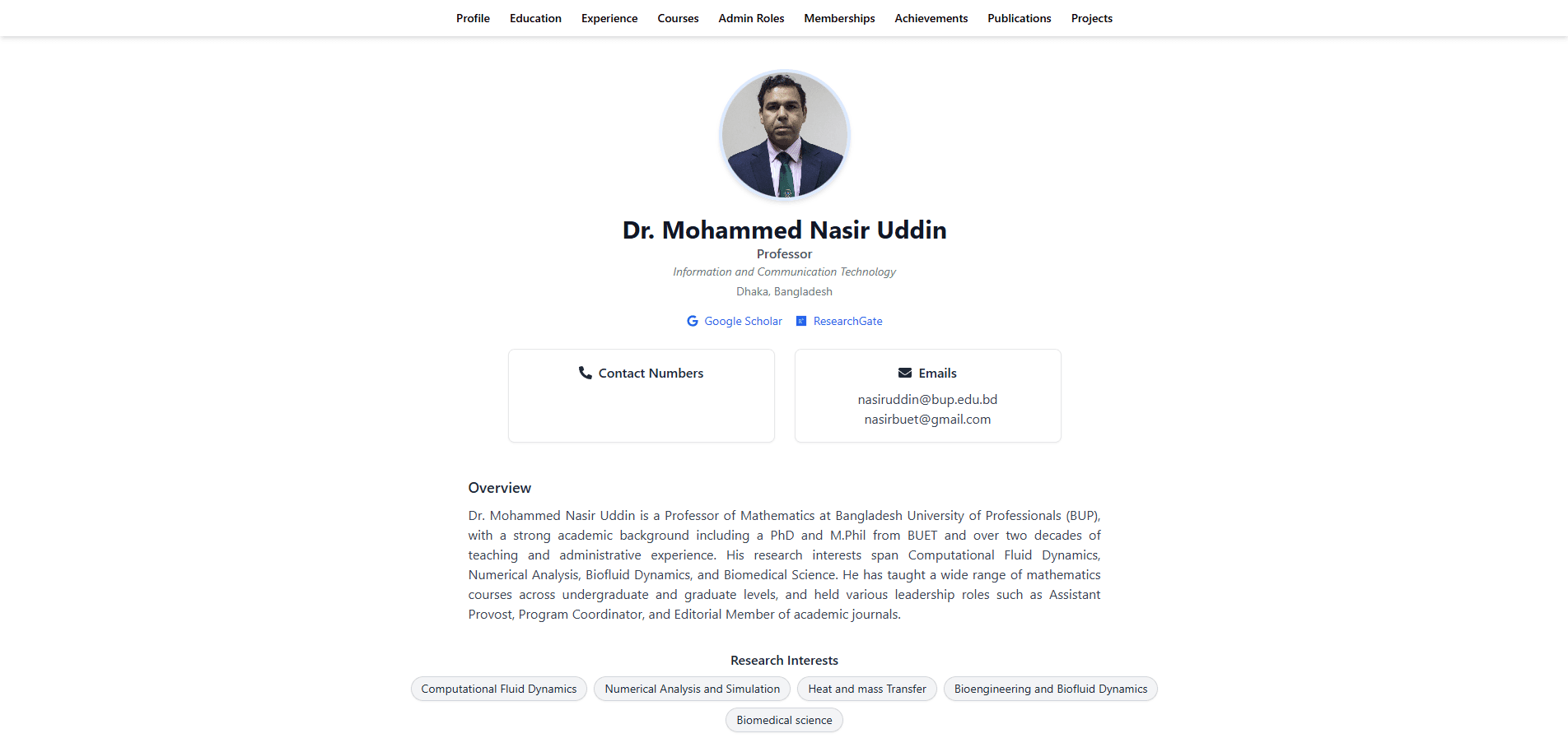 Professional Personal Faculty Website screenshot